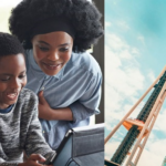 图像拼贴. boy playing with a robot in class, seattle space needle, teacher helping two students at their desk, graduate smiling a hugging a family member